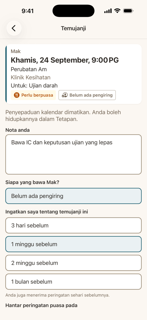 Satu temujanji dalam PayungMed: siapa yang bawa Mak, dan bila peringatan dihantar