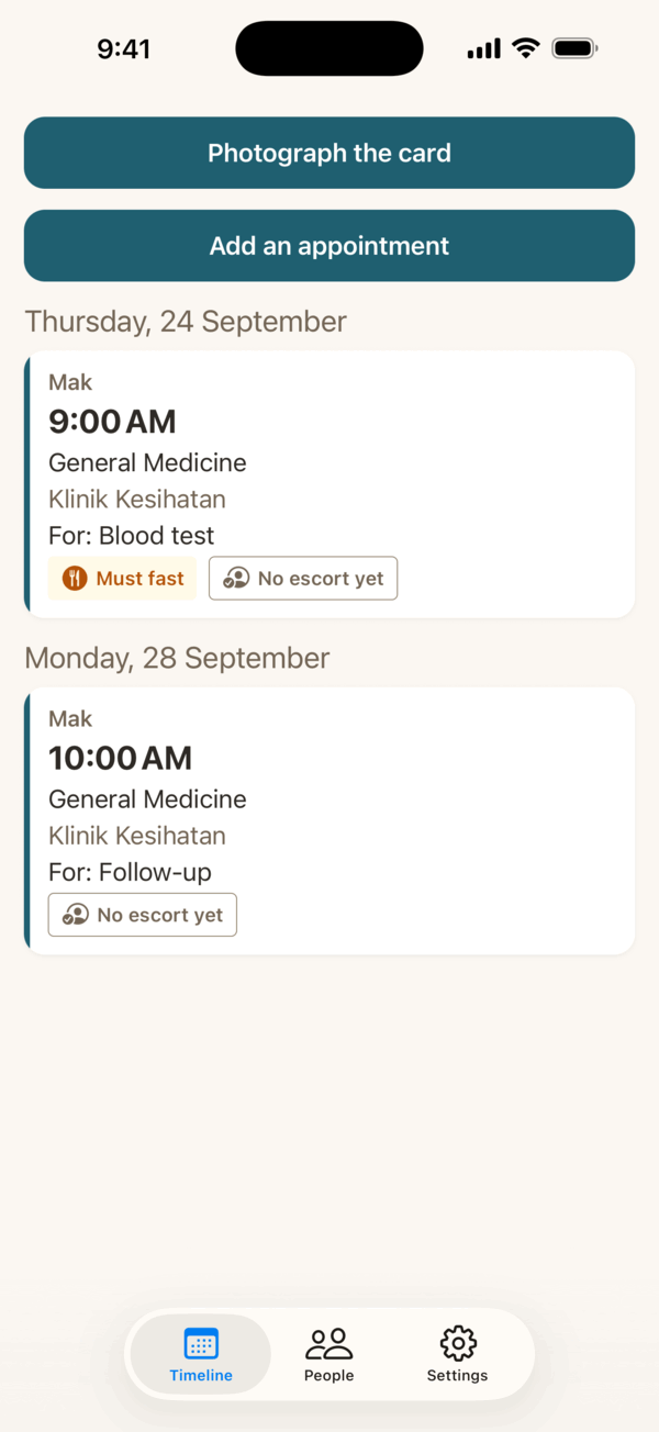 The PayungMed timeline, showing two of Mak's appointments
