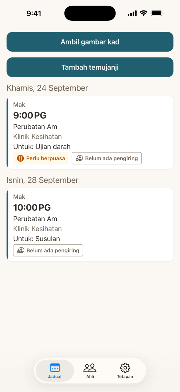 Garis masa PayungMed, menunjukkan dua temujanji Mak